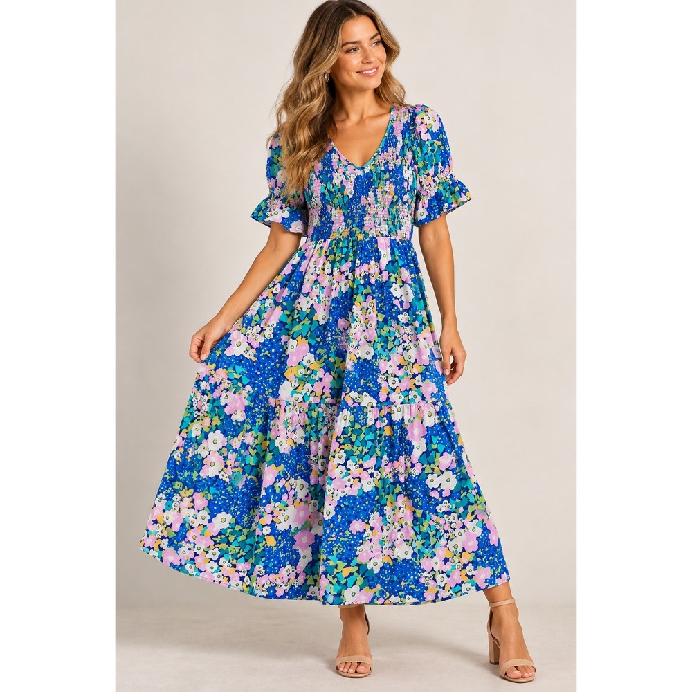 Tuckernuck Blue Floral Smocked Tiered Cotton Midi Dress Womens M Puff Sleeve
